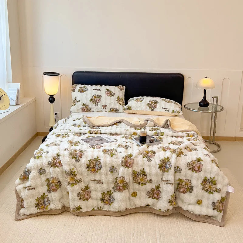 Afralia™ Cartoon Printed Faux Rabbit Plush Thick Blanket for Office Nap and Sofa Warmth