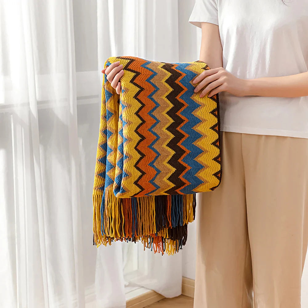 Afralia™ Bohemian Knitted Blanket with Tassels, Oversized Vintage Style Blanket