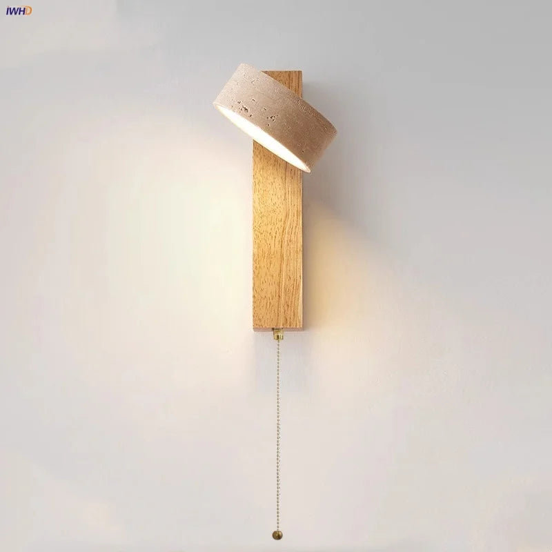 Afralia™ Yellow Travertine Wood Canopy LED Wall Light, Japan Style Bedside Lamp