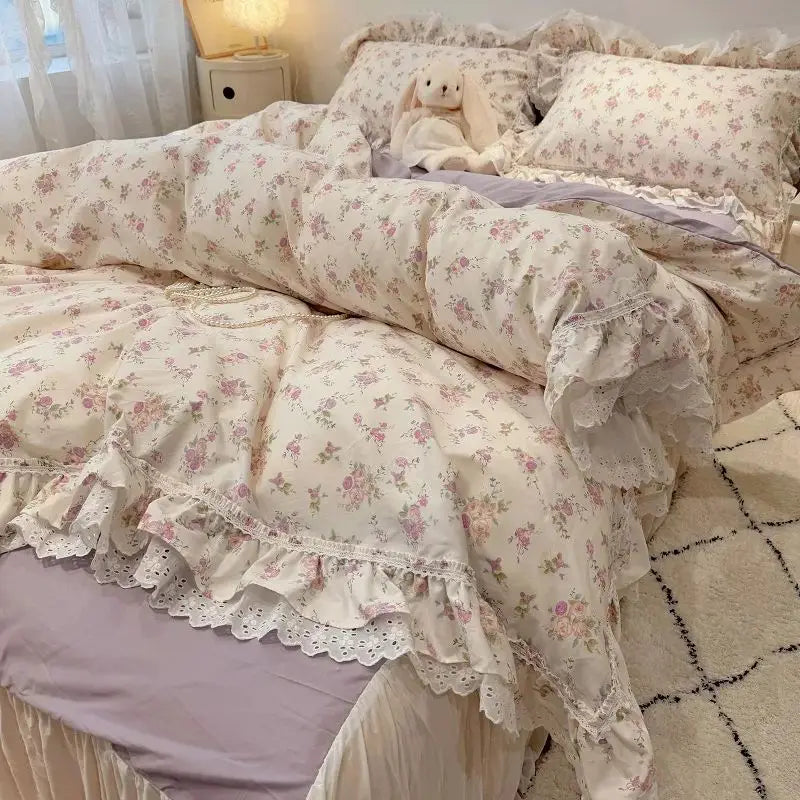 Afralia™ Korean Princess Style Floral Lace Ruffles Bedding Set with Pillowcase