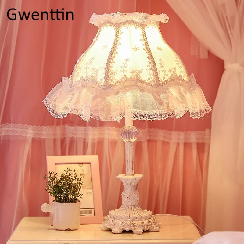 Afralia™ Pink Lace Fabric Table Lamp with LED Light for Bedroom Princess Decor