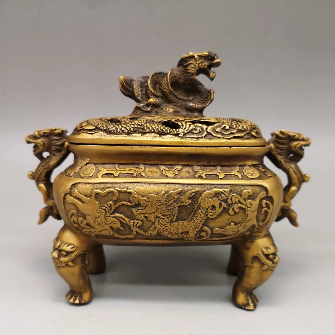 Afralia™ Double Dragon Lion Incense Burner: Antique Bronze Aromatherapy Stove Craft Ornament