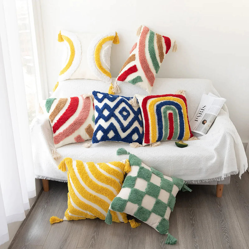 Afralia™ Rainbow Tufted Cushion Cover 45x45cm Morocco Pillow Covers with Tassel Handmade Decor