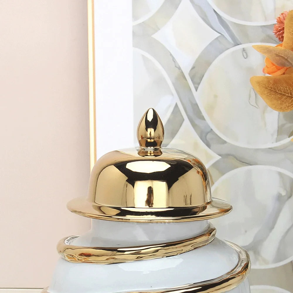 Afralia™ Ceramic Golden General's Striped Ginger Jar Flower Vase for Home Decoration