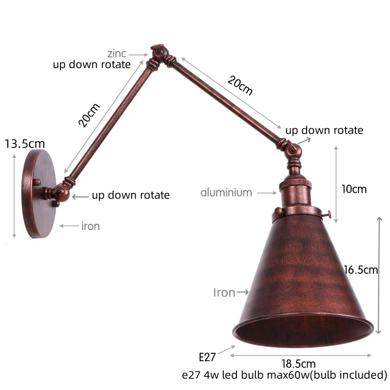 Afralia™ Retro LED Swing Arm Bedside Wall Lamp Rustic Industrial Iron Loft Wall Light