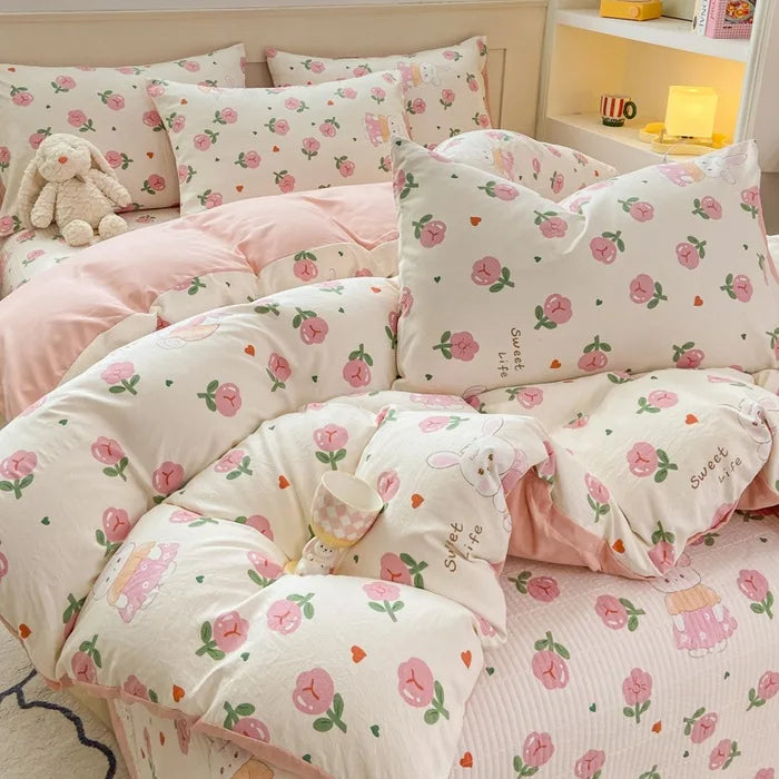 Afralia™ Cartoon Cat Floral Duvet Cover Set - Pink Kids Girls Bedroom Decor