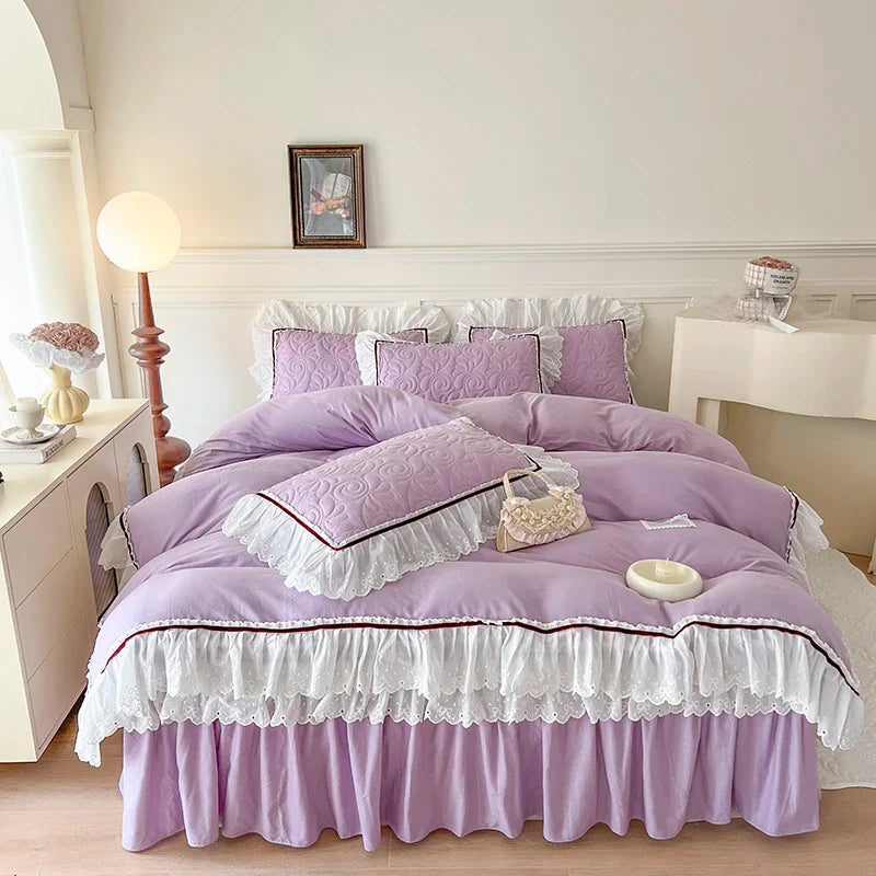 Afralia™ Lace Ruffles Bedding Set: 4pcs Solid Color Princess Quilt Cover, Bed Skirt, 100% Cotton Pillowcase