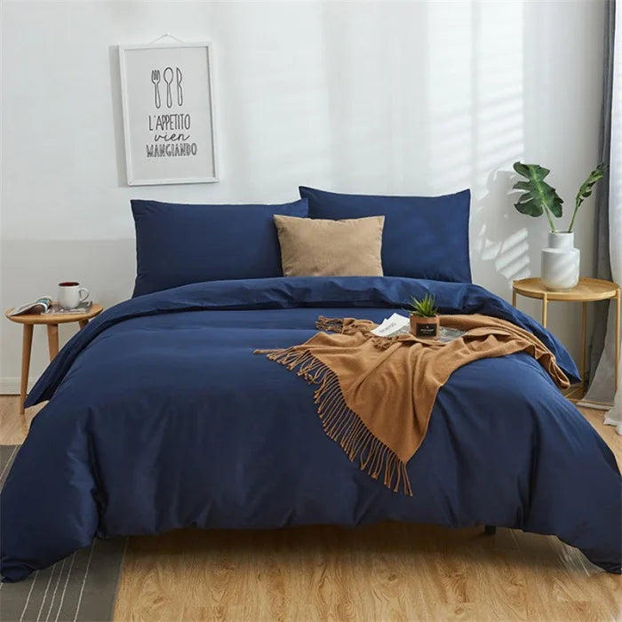 Afralia™ Cotton 4pcs Bedding Set Double Queen Solid Color Duvet Cover Flat Bed Sheet