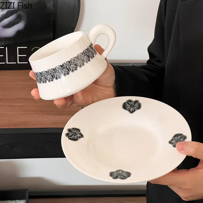 Afralia™ Black Flower Porcelain Cup & Saucer Set, Elegant Coffee Mug for Dining & Afternoon Tea