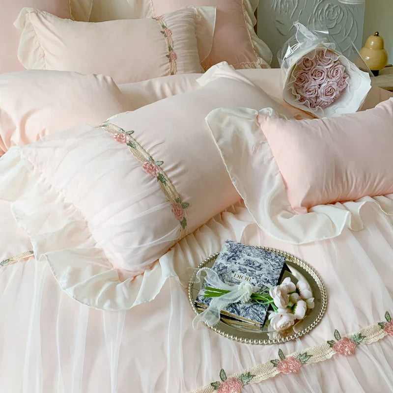 Afralia™ Pink French Princess Lace Ruffles Bedding Set with Pillowcases & Bed Sheet