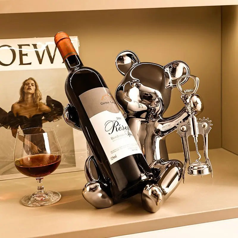 Afralia™ Ceramic Bear Wine Rack with Opener: Stylish Living Room, Bar & Kitchen Storage