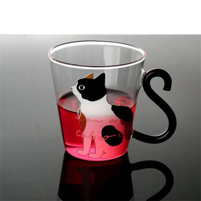 Glass Cat Tail Handle Mug, 300ml, Cute Cartoon Kitty Print, for Coffee, Tea, Milk - Afralia™