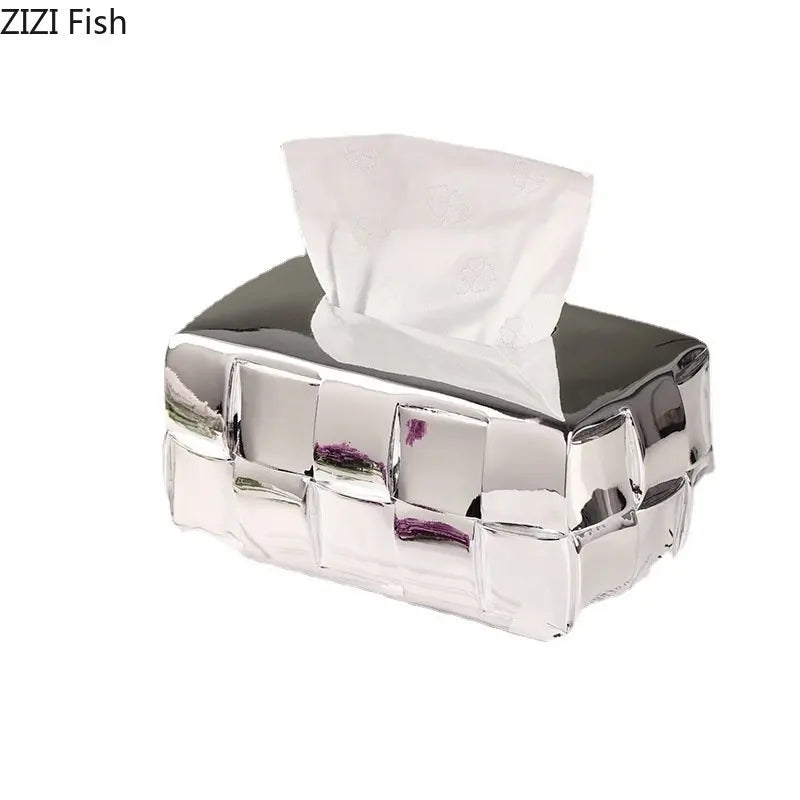 Afralia™ Geometric Grain Silver Check Tissue Box Holder & Desktop Organizer