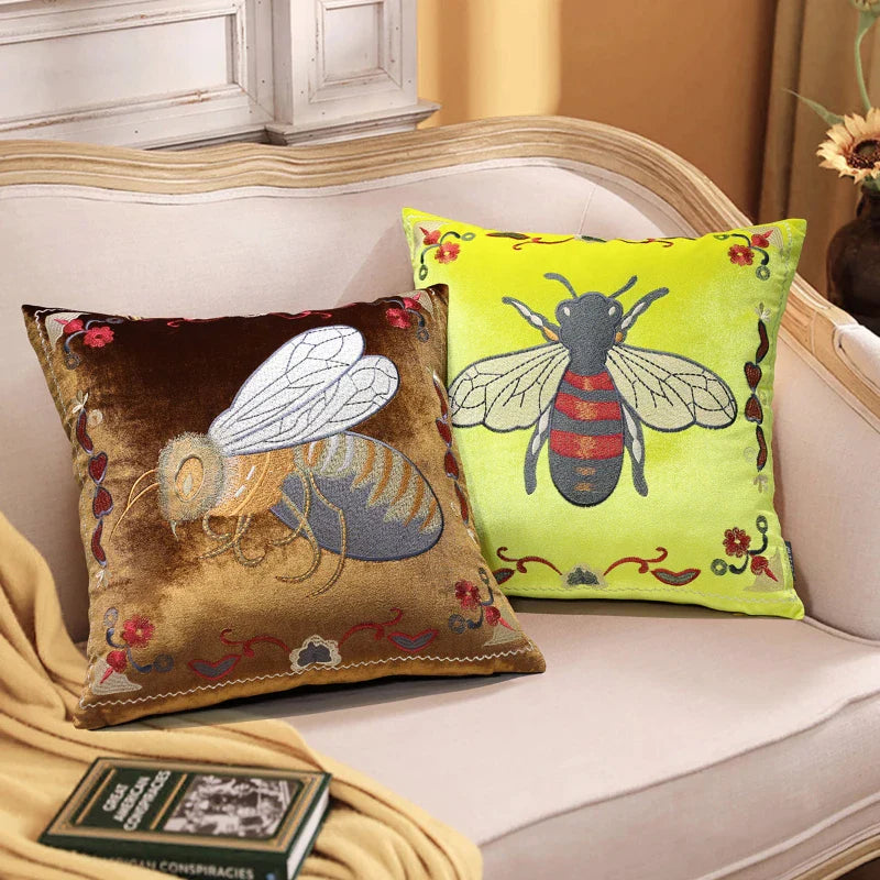Afralia™ Vintage Bee Green Velvet Cushion Cover, American Style Sofa Waist Pillowcase