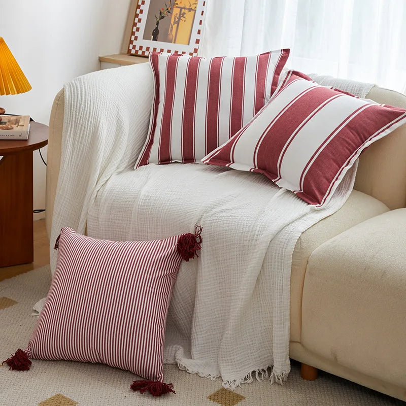 Afralia™ Striped Cushion Cover 45x45cm Red Ivory Recycle Polyester Indoor Outdoor Pillow Cover