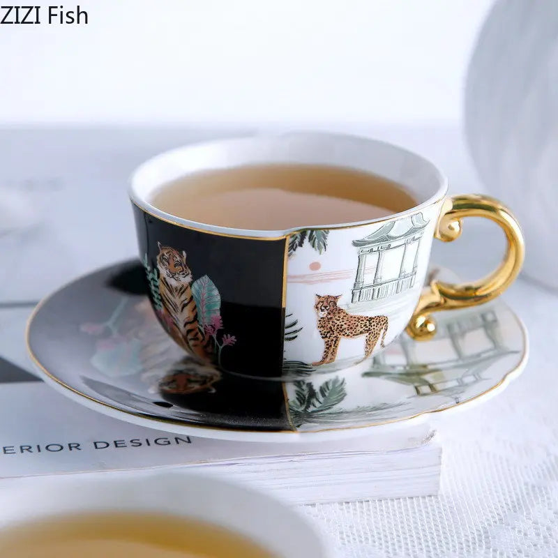 Afralia™ Watercolor Tiger Leopard Ceramic Gold-plated Coffee Tea Cup Embellished Mug