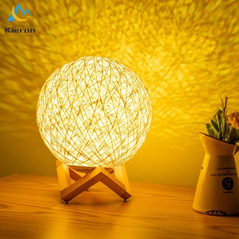 Afralia™ Minimalist Rattan Ball LED Table Lamp with Solid Wood Base