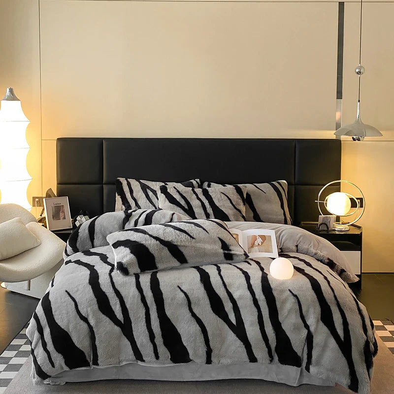 Afralia™ Winter Zebra Print Bedding Set: Thick Milk Velvet, Soft & Warm bed sheet, duvet cover, pillowcase