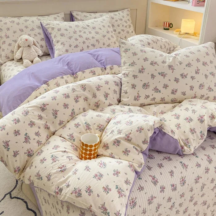 Afralia™ Cartoon Cat Floral Duvet Cover Set - Pink Kids Girls Bedroom Decor