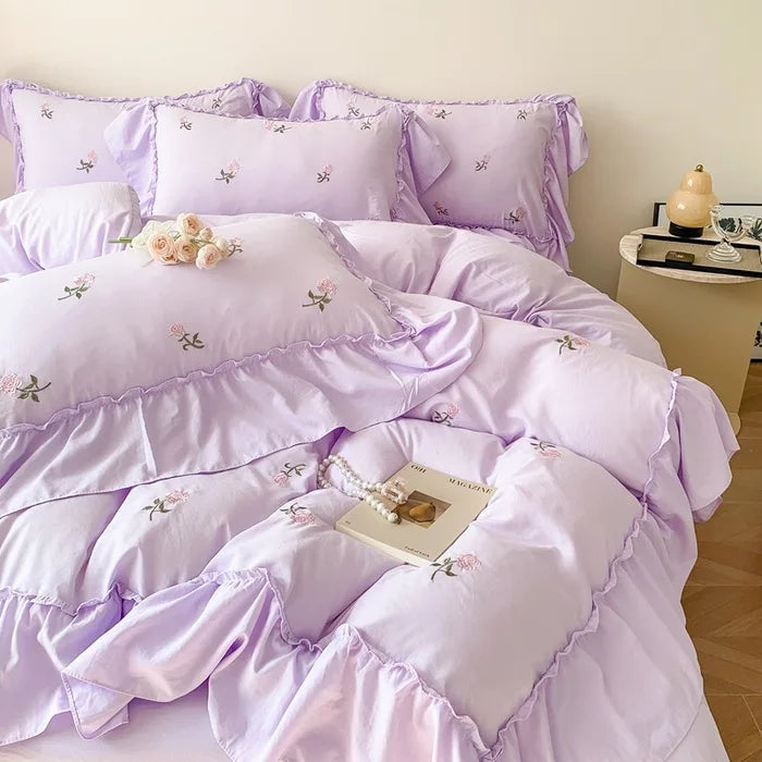 Afralia™ Rose Embroidered Princess Style Lace Bedding Set