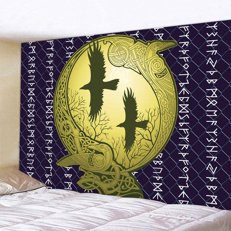 Afralia™ Viking Crow Symbol Tapestry: Psychedelic Home Decor for Hippie Room