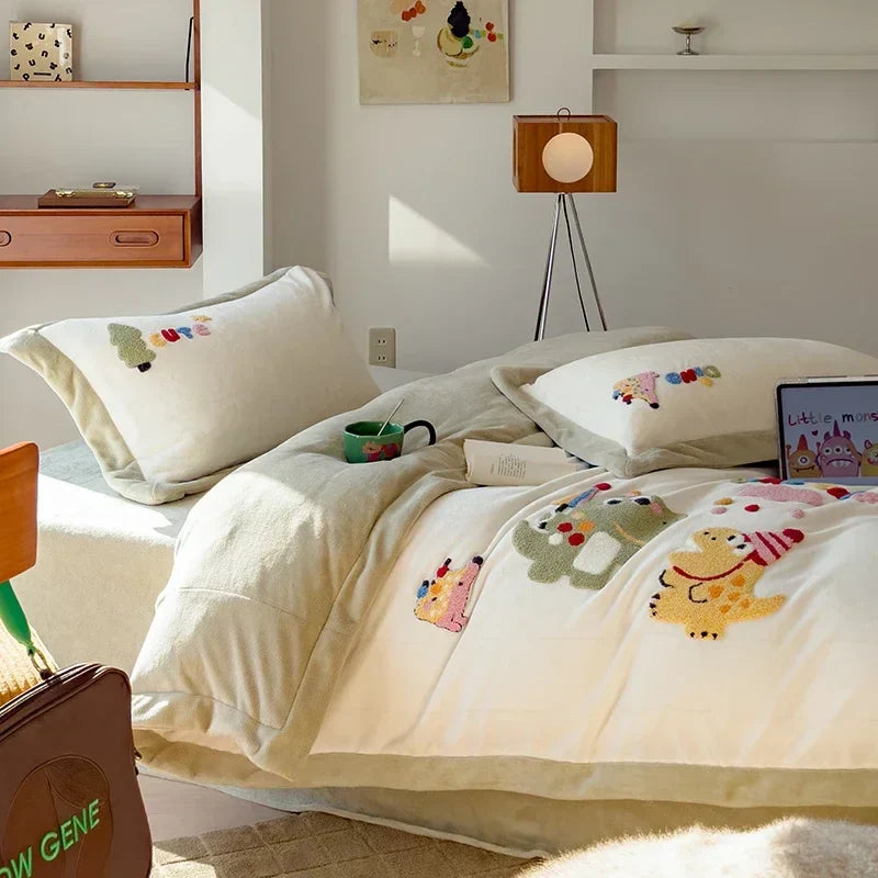 Afralia™ Embroidered Milk Fleece Winter Bedding Set for Warmth & Cozy Comfort