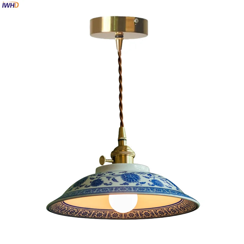 Afralia™ Patterned Ceramics LED Pendant Lights Vintage Copper Hanging Lamp