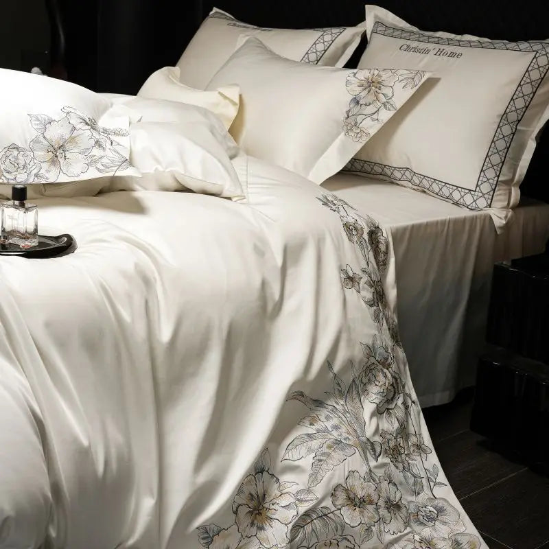 Afralia™ Luxe Embroidered Cotton Bedding Set: Duvet Cover, Pillowcases, Flat Sheet