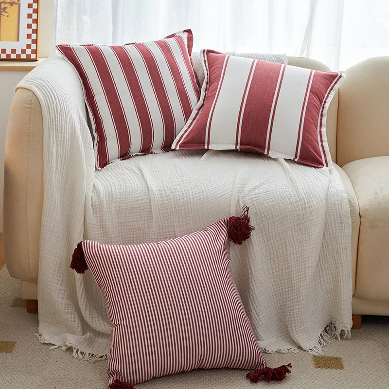 Afralia™ Striped Cushion Cover 45x45cm Red Ivory Recycle Polyester Indoor Outdoor Pillow Cover