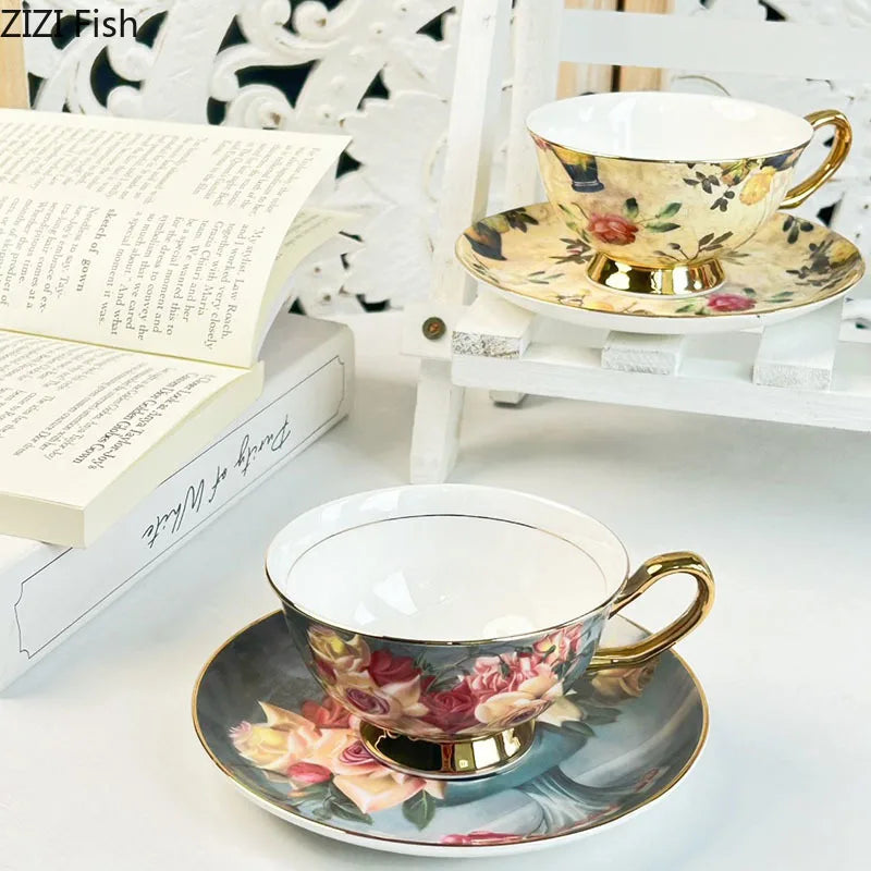 Afralia™ Flowers Pattern Porcelain Coffee Cup & Saucer Set - Exquisite Tea & Juice Mug