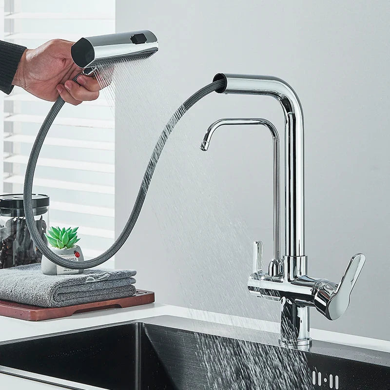 Afralia™ 3-Mode Waterfall Kitchen Faucet with 360° Rotation and Pull Out Spray