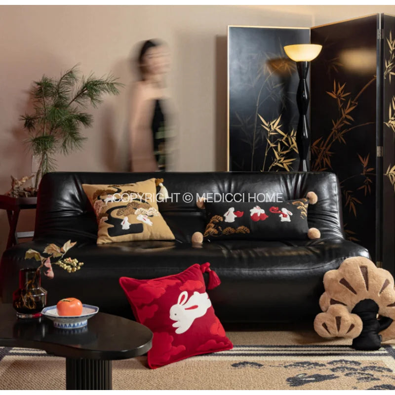 Afralia™ Lucky Rabbit Pine Forests Embroidery Silk Velvet Pillowcase with Tassels