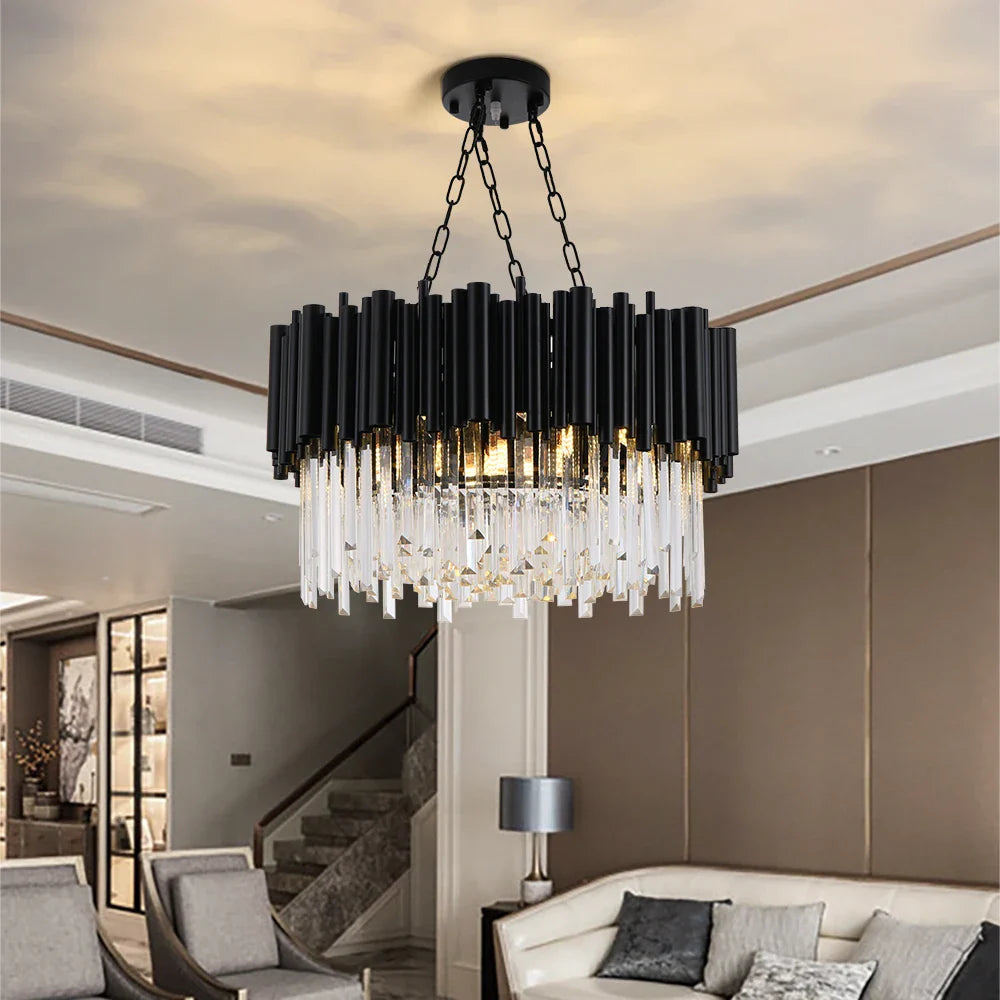 Afralia™ Black Stainless Steel Crystal Bar Chandelier, Modern LED Ceiling Light for Living Room