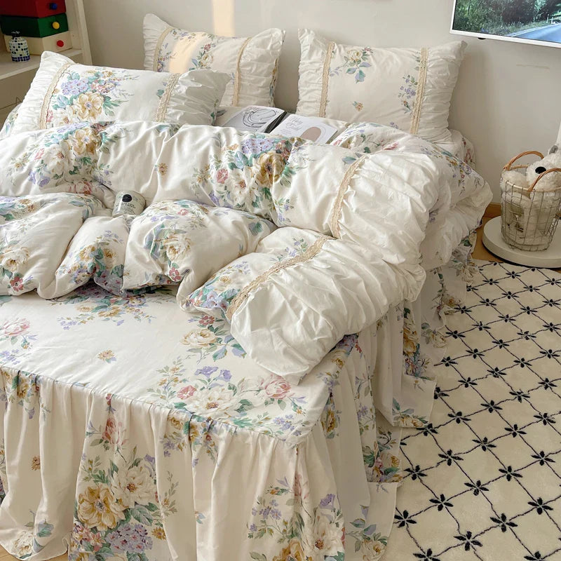 Afralia™ Korean Princess Flowers Bedding Set - Duvet Cover, Bed Skirt, Pillowcases