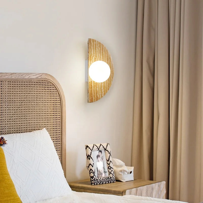 Afralia™ White Glass Globe Yellow Travertine LED Wall Light - Nordic Modern Design