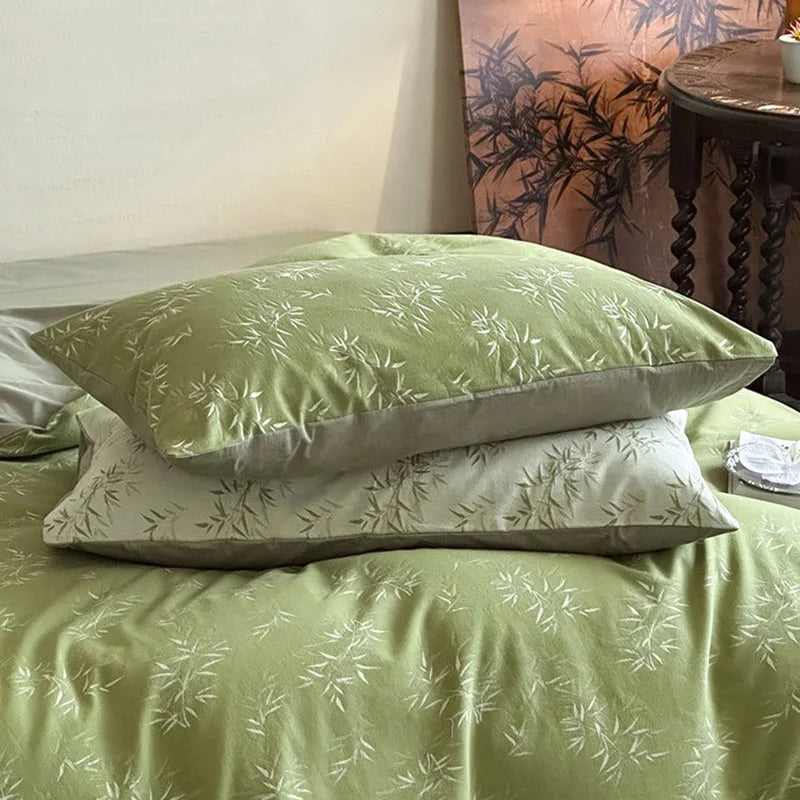 Afralia™ Bamboo Leaf Jacquard Bedding Set: Soft & Comfortable Quilt Set, 100% Cotton, Green, Adult & Kids.