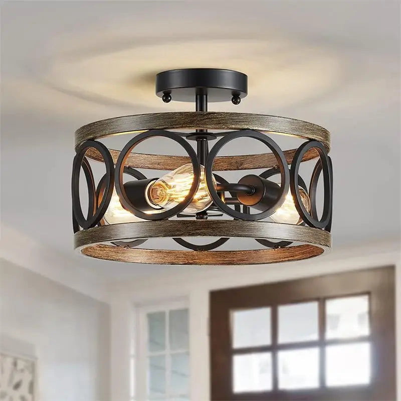 Afralia™ Retro Iron Art Wood Grain Circular Chandelier - Farmhouse Industrial Ceiling Light