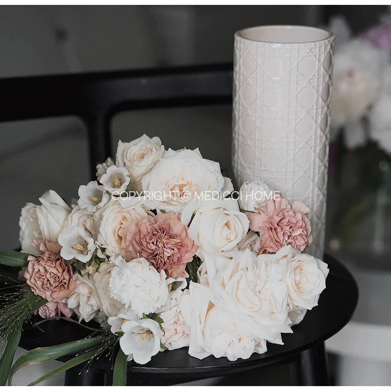 Afralia™ Rattan Pattern White Ceramic Vases - Modern Elegant Decorative Flower Vases