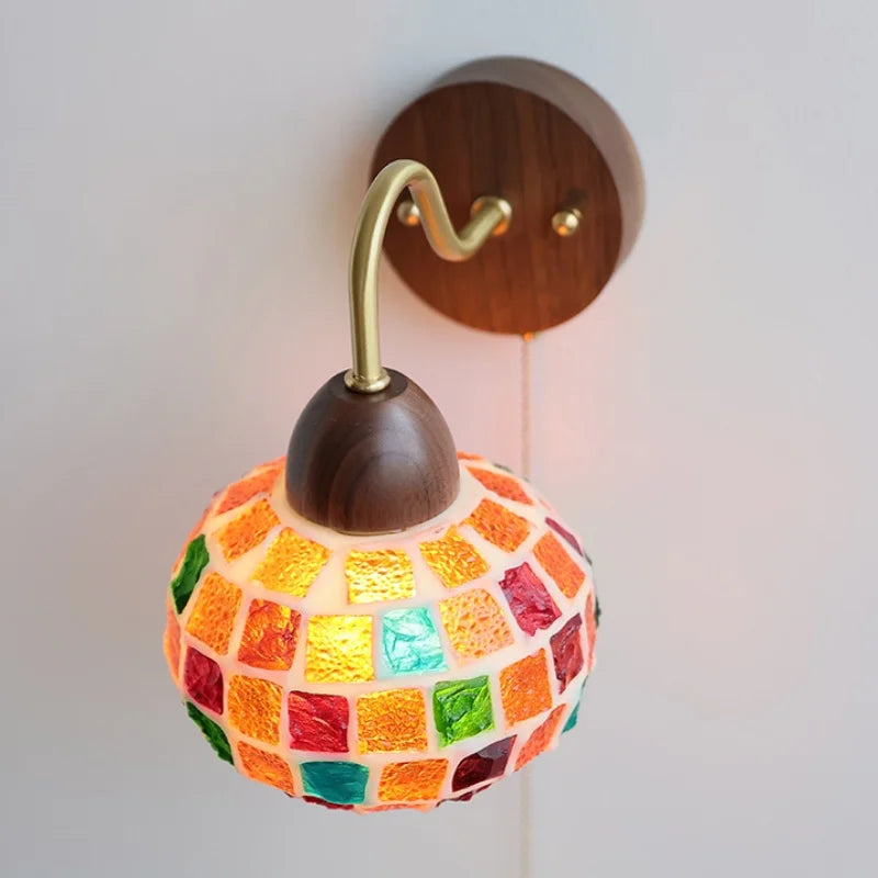 Afralia™ Tiffany Style LED Wall Sconce Walnut Wood Glass Stair Light.