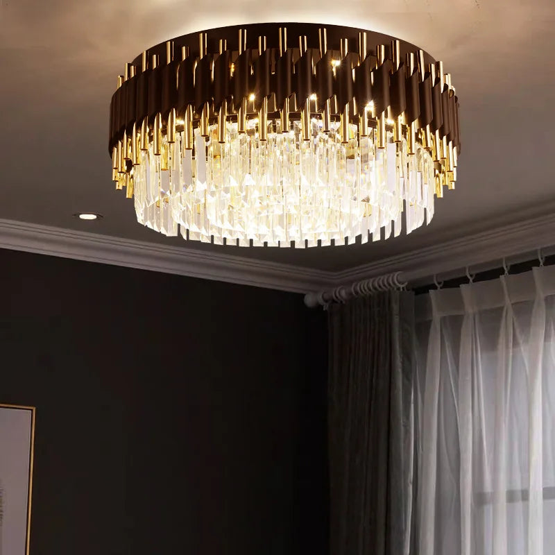 Afralia™ Gold Black Crystal Ceiling Chandelier - Round LED Pendant for Living Room Lighting