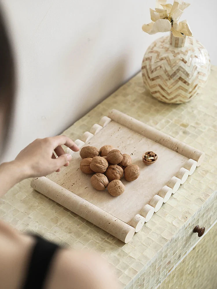 Afralia™ Beige Travertine Marble Serving Tray - Vintage Natural Stone Plate for Hotel, Party, Snacks