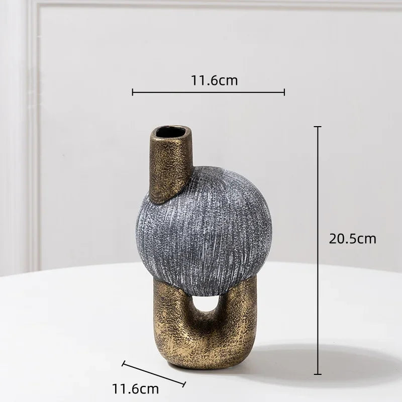 Afralia™ Golden Stripe Geometric Ceramic Vase - Abstract Floral Arrangement Home Decor