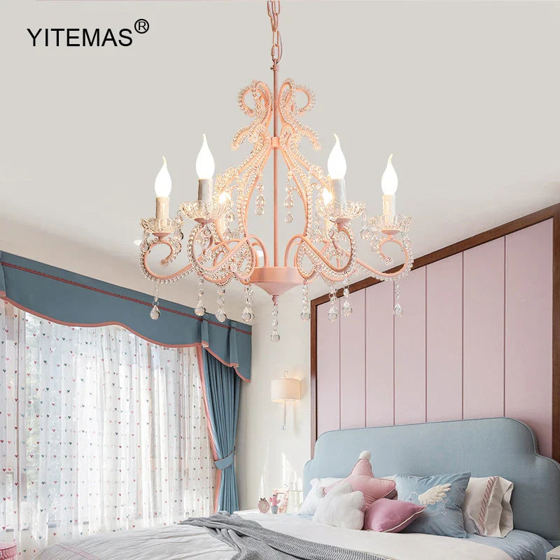 Afralia™ Pink Crystal Chandelier for Daughter's Room, Princess Style Hanging Lighting, Girls Bedroom Chandelier