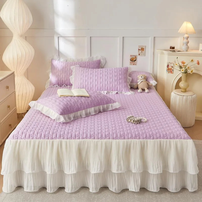 Afralia™ Lace Ruffles Cooling Bed Skirt Set with Pillowcases