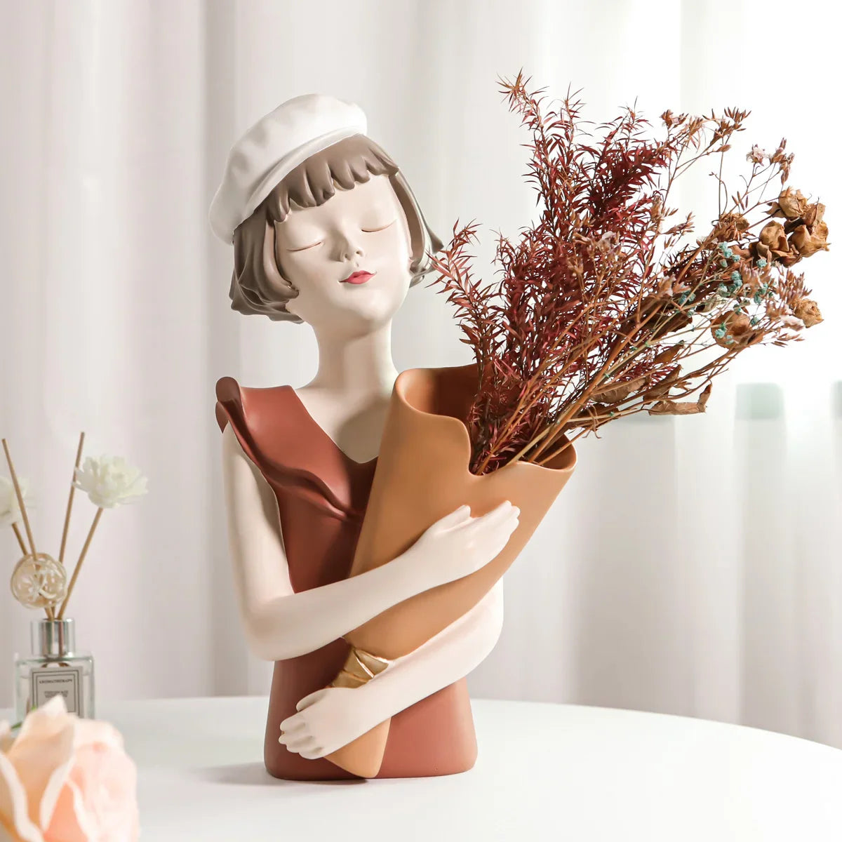 Afralia™ Balloon Girl Bust Vase and Tray Set - Modern Resin Sculptures for Living Room Decor