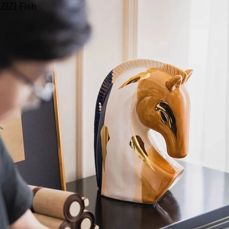 Afralia™ Ceramic Horse Sculpture Gold Plated Desk Ornament Aesthetics Decor