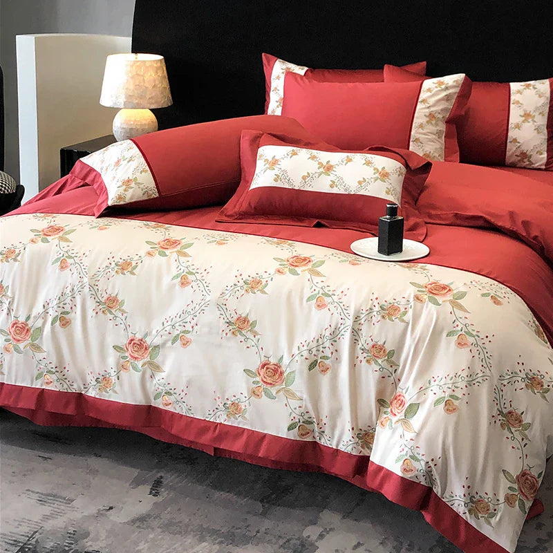 Afralia™ Luxury Rose Flowers Embroidery Bedding Set in Red