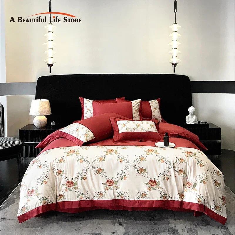 Afralia™ Luxury Rose Flowers Embroidery Bedding Set in Red