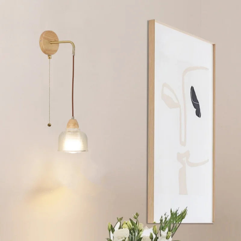 Afralia™ Wood Glass LED Wall Light with Pull Chain Switch