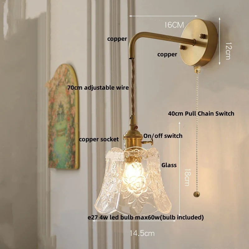 Afralia™ Modern Clear Glass LED Wall Light with Pull Chain Switch, Adjustable Wire & Copper Wall Lamps